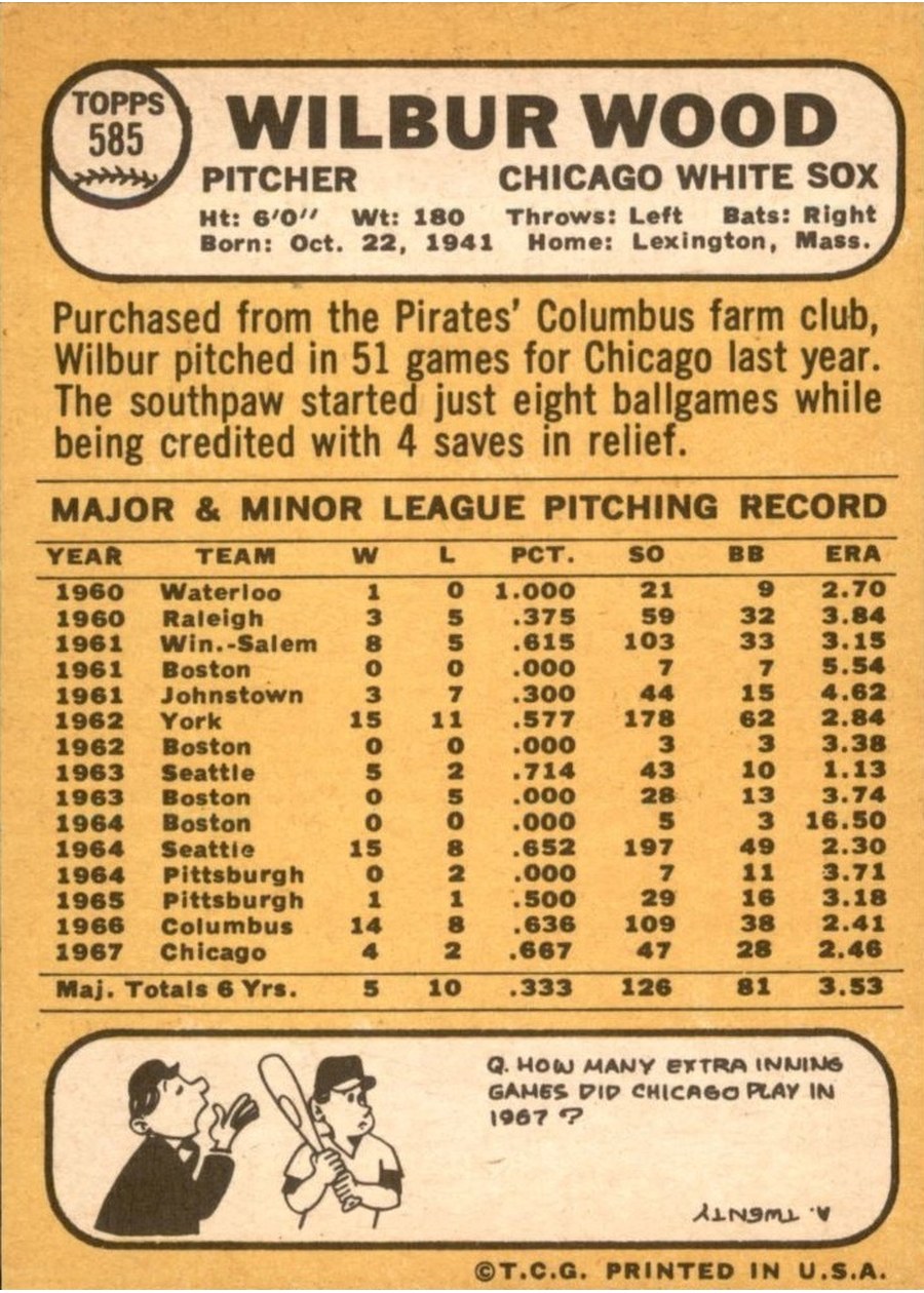 1968 Topps #585 Wilbur Wood card back