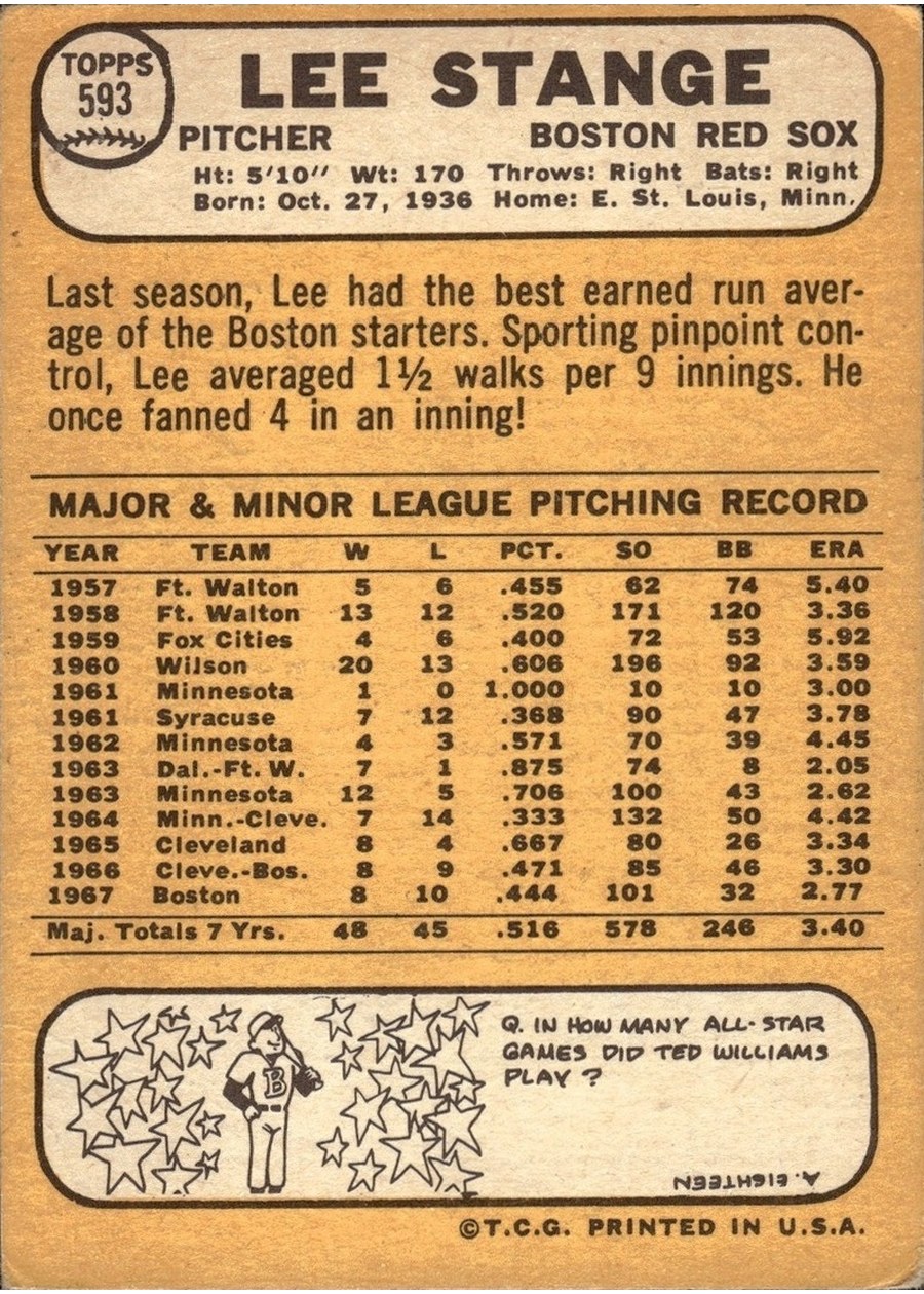 1968 Topps #593 Lee Stange card back
