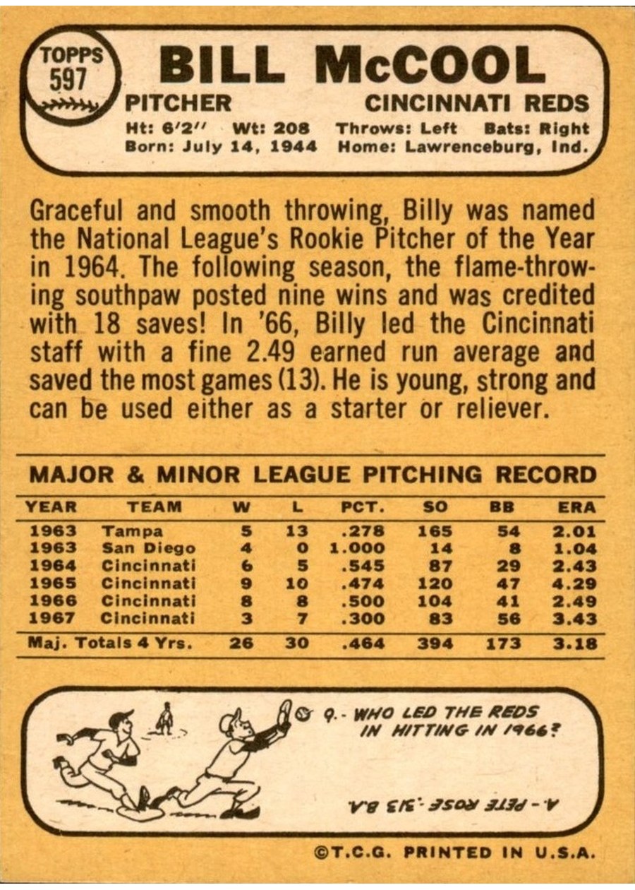 1968 Topps #597 Bill McCool card back