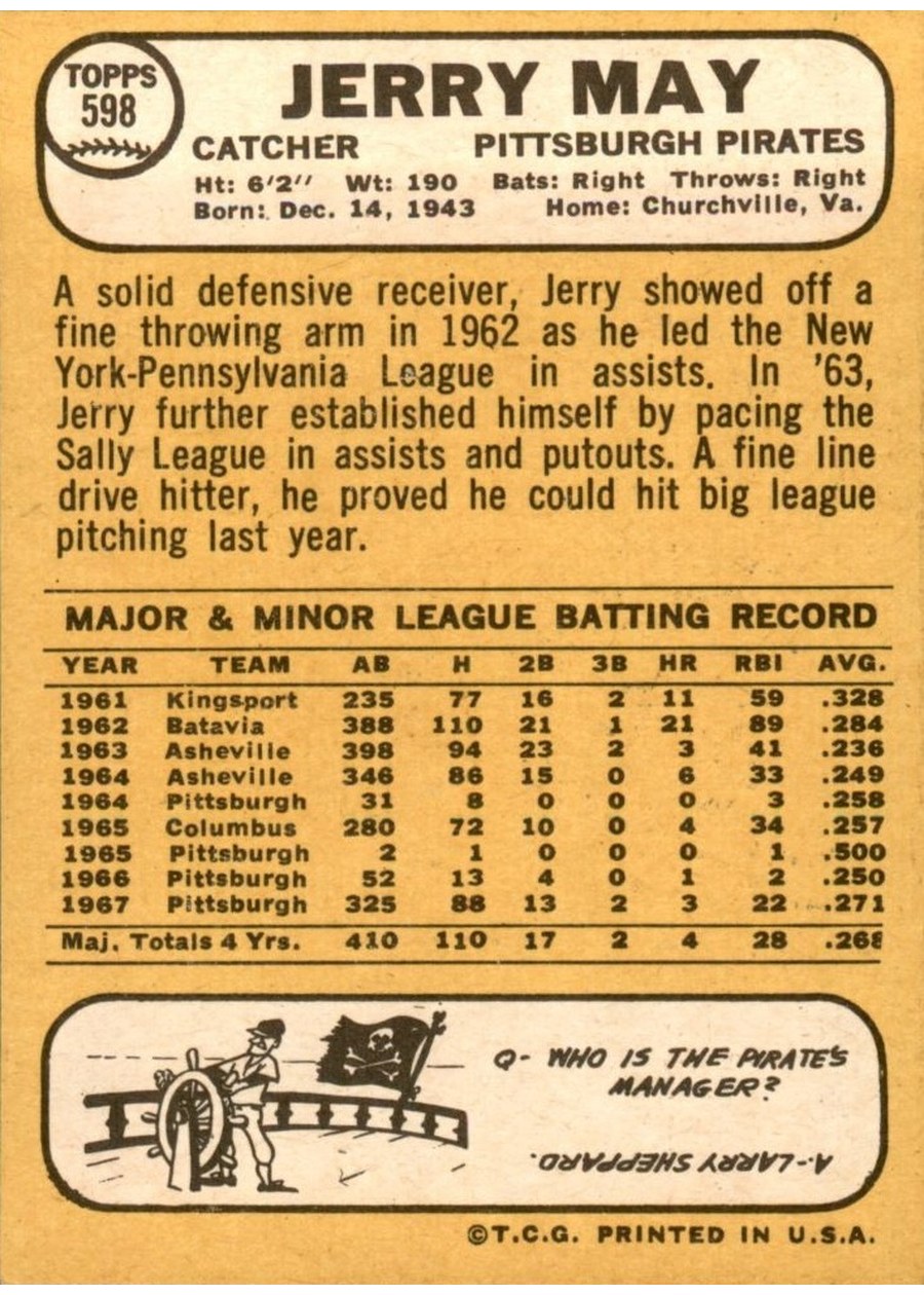 1968 Topps #598 Jerry May card back