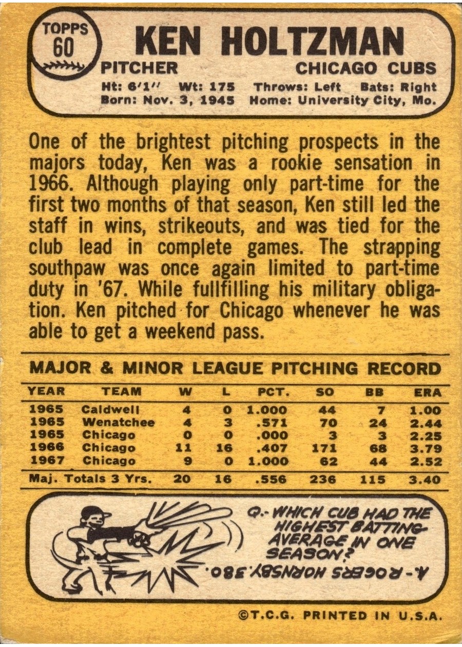 1968 Topps #60 Ken Holtzman card back