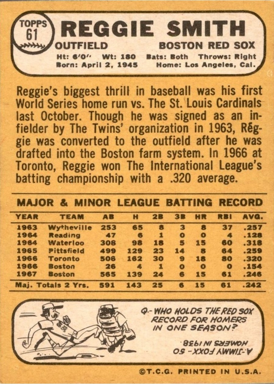 1968 Topps #61 Reggie Smith card back