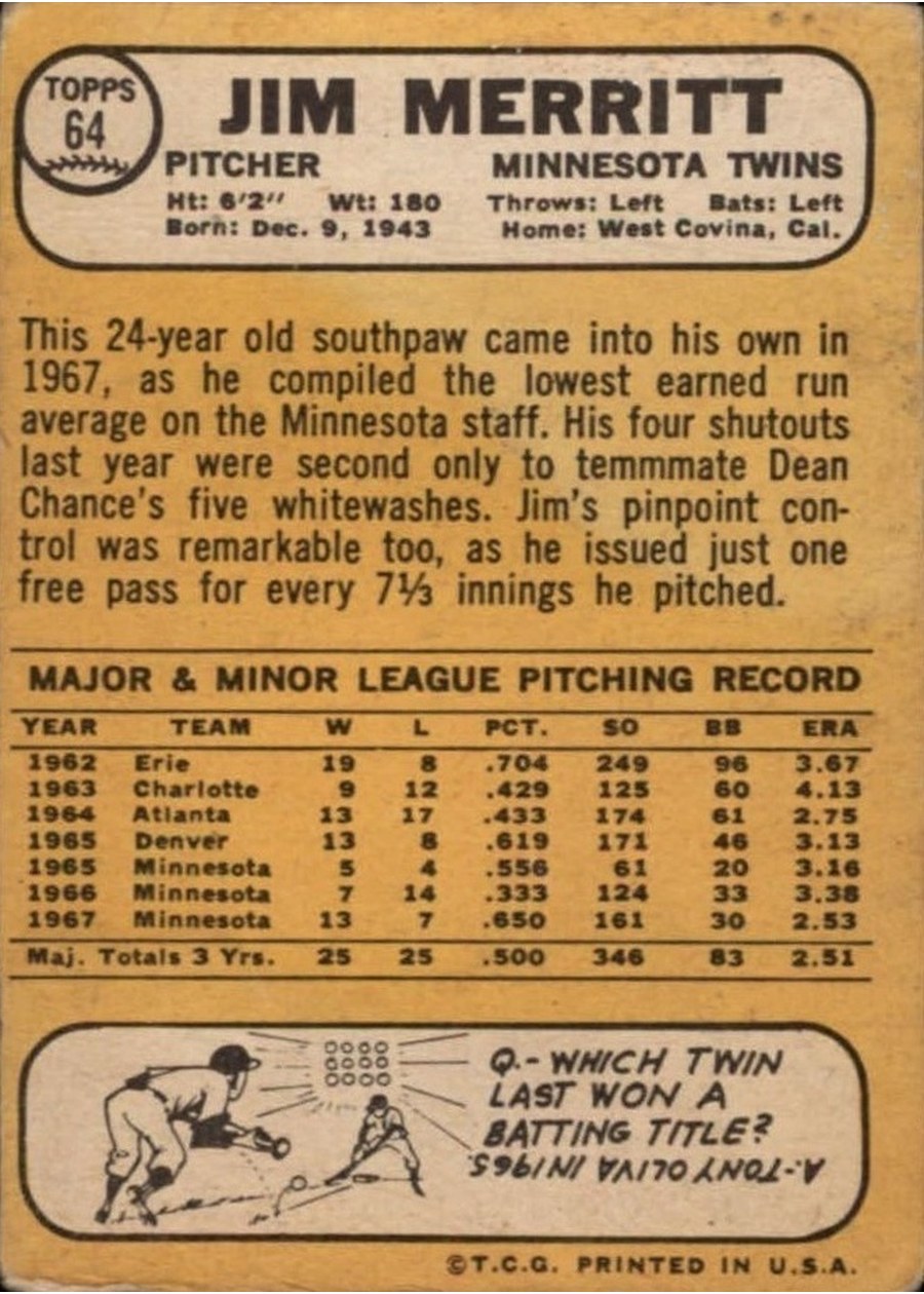 1968 Topps #64 Jim Merritt card back
