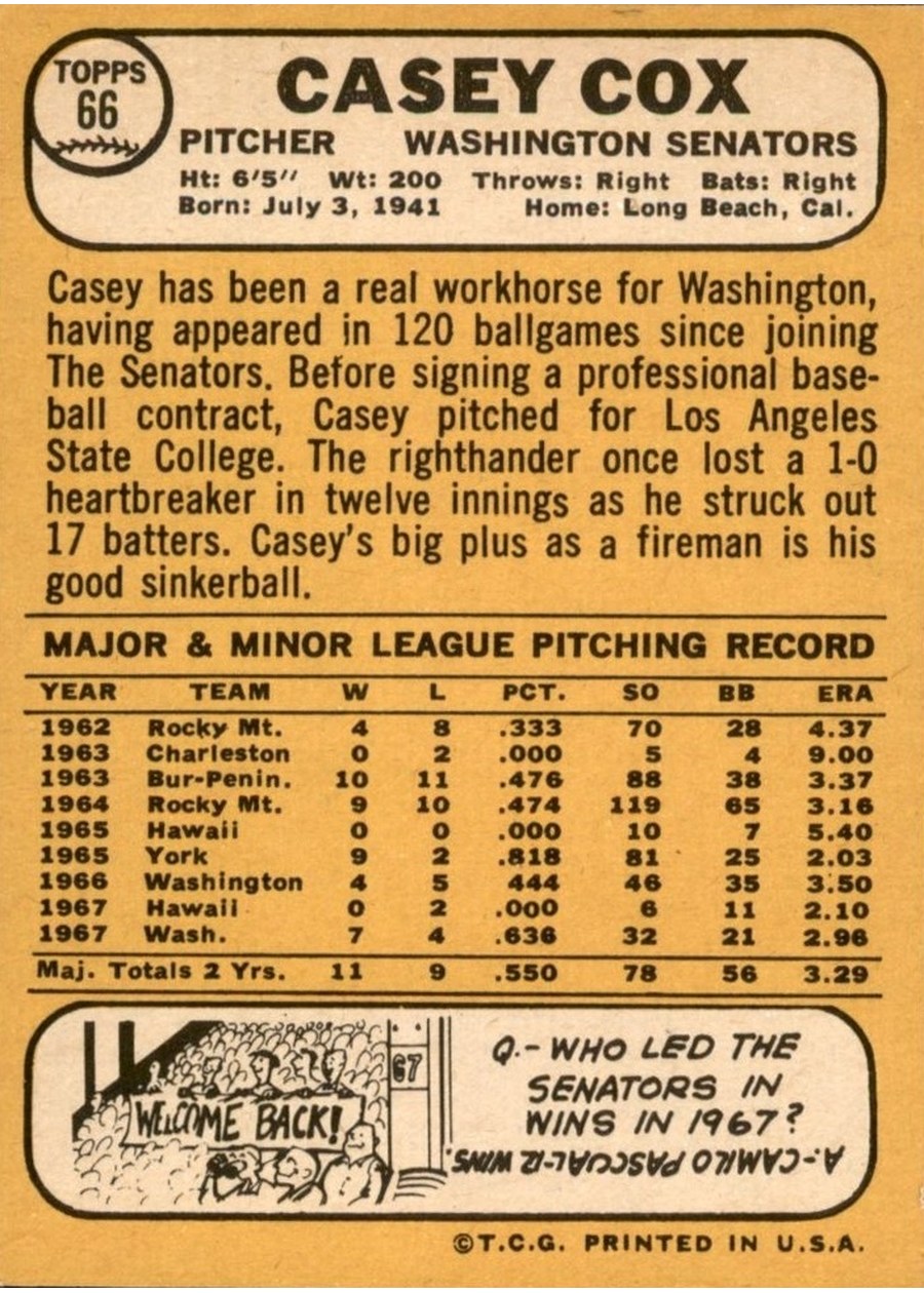 1968 Topps #66 Casey Cox card back