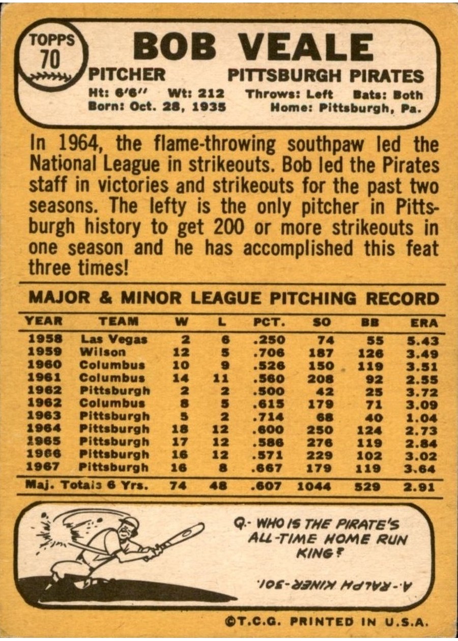 1968 Topps #70 Bob Veale card back