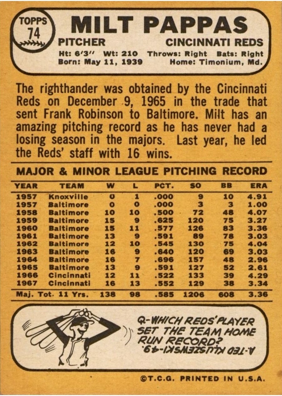 1968 Topps #74 Milt Pappas card back
