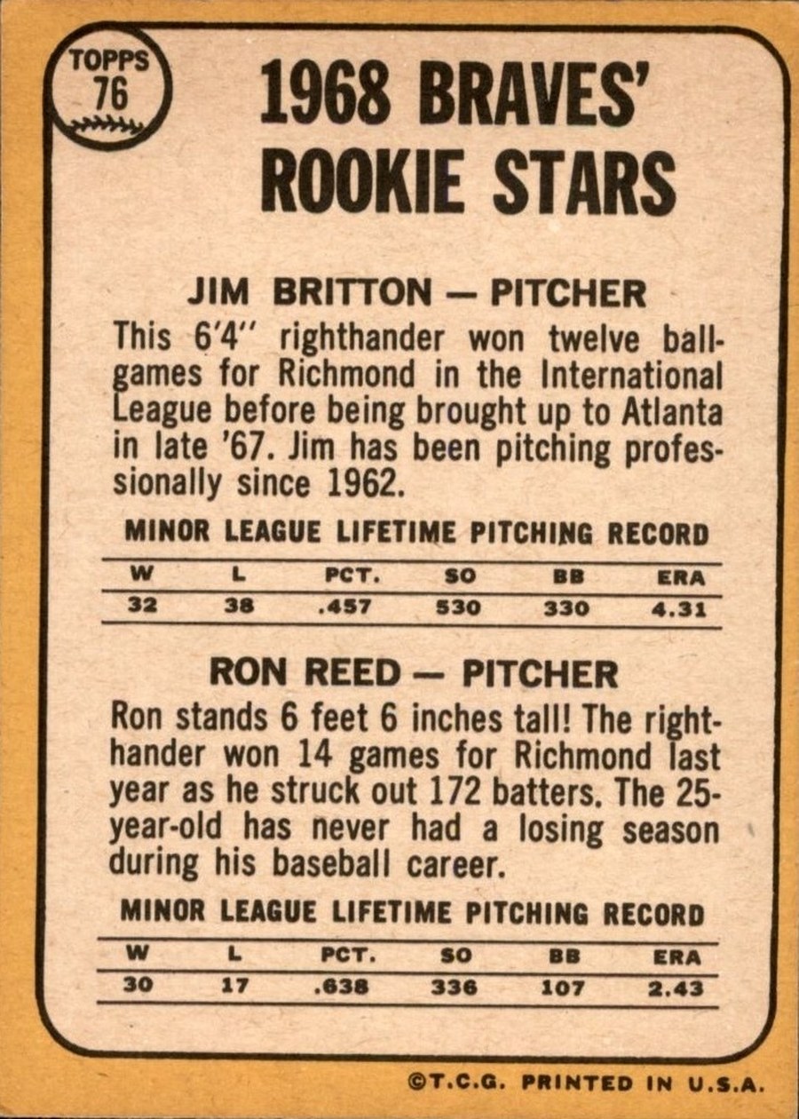 1968 Topps #76 Braves 1968 Rookie Stars card back