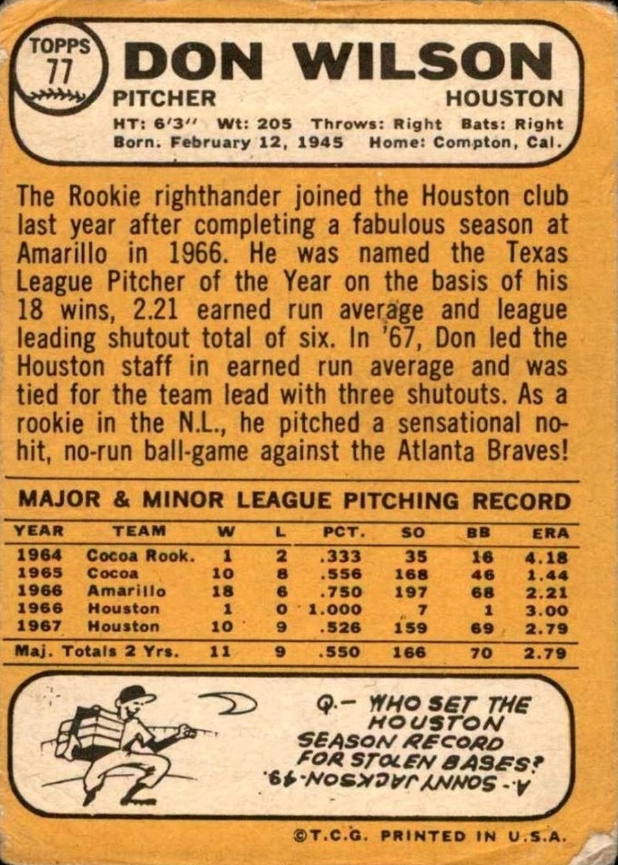 1968 Topps #77 Don Wilson card back