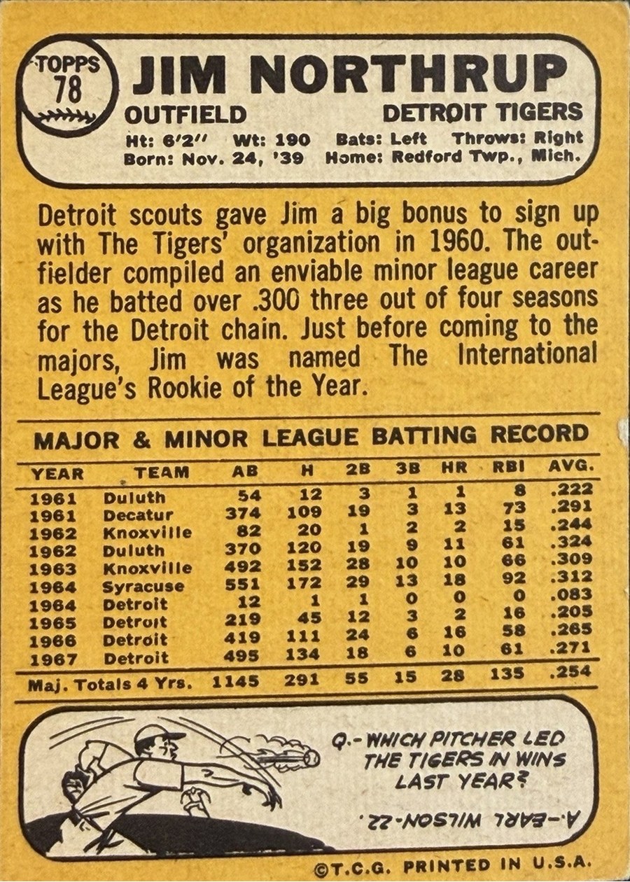 1968 Topps #78 Jim Northrup card back