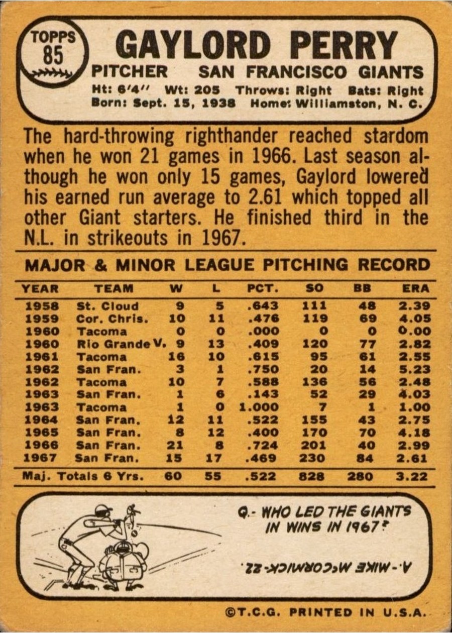 1968 Topps #85 Gaylord Perry card back