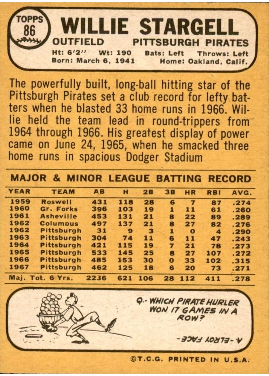 1968 Topps #86 Willie Stargell card back