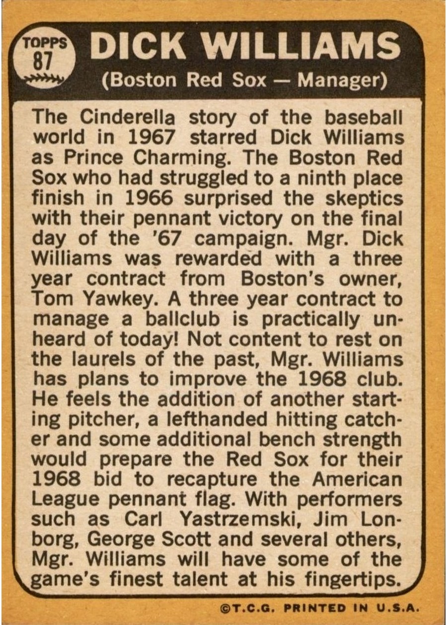 1968 Topps #87 Dick Williams card back