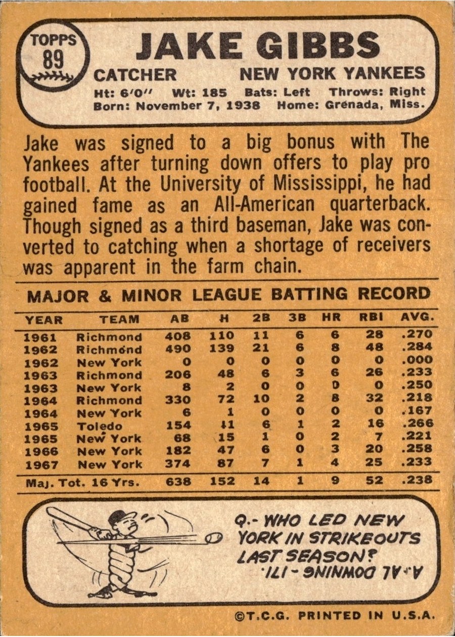 1968 Topps #89 Jake Gibbs card back