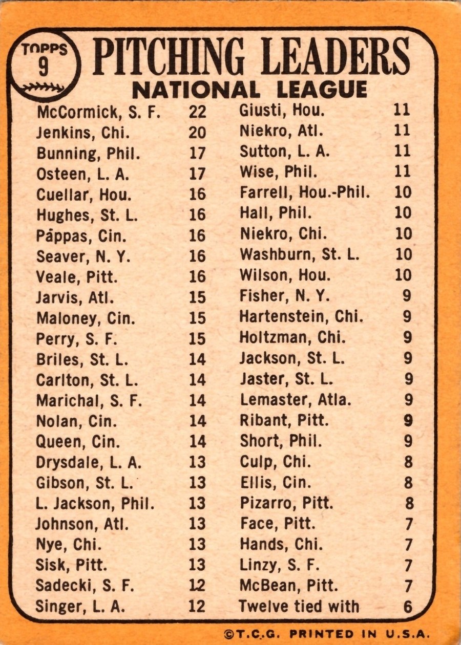 1968 Topps #9 National League 1967 Pitching Leaders card back