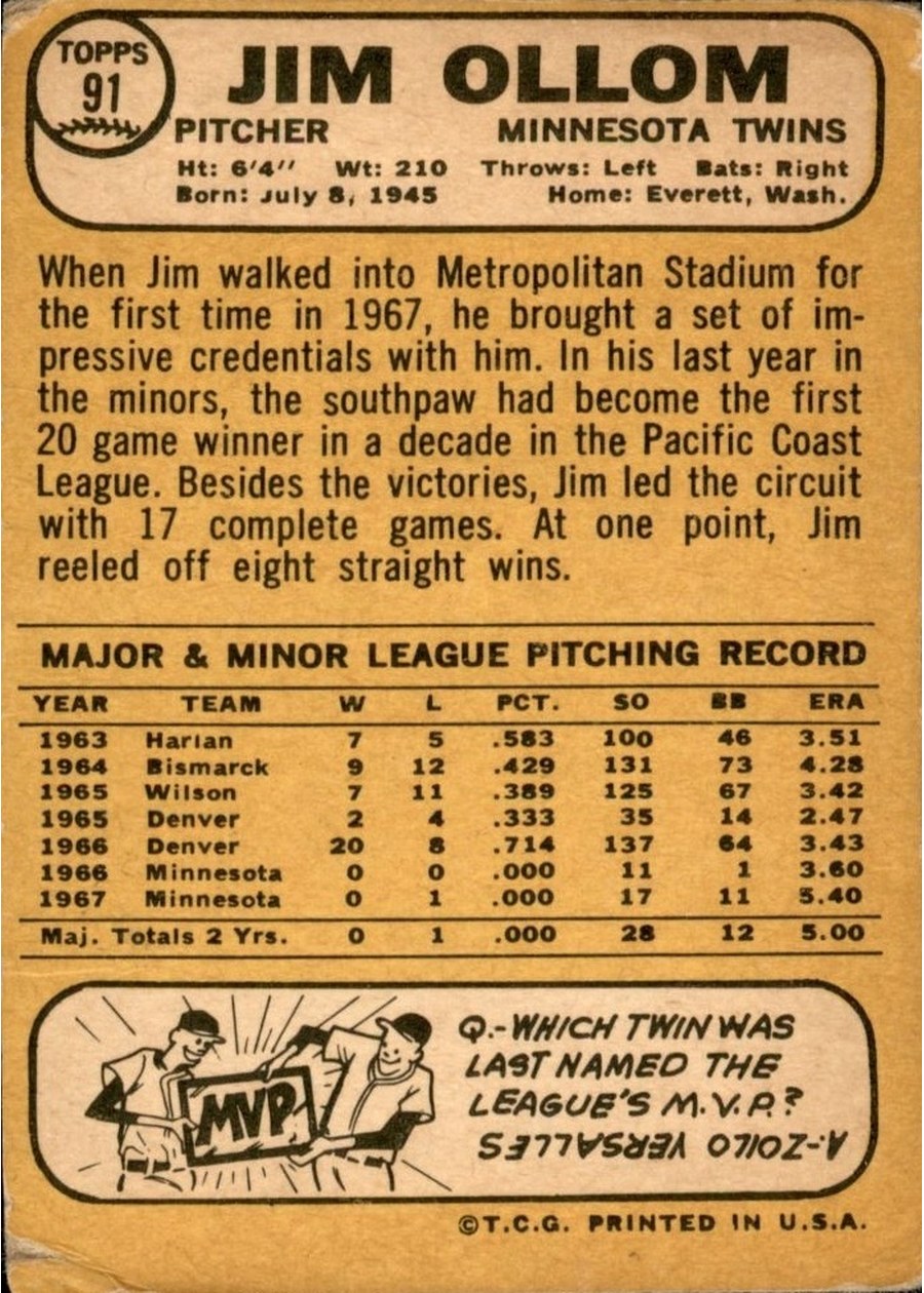 1968 Topps #91 Jim Ollom card back