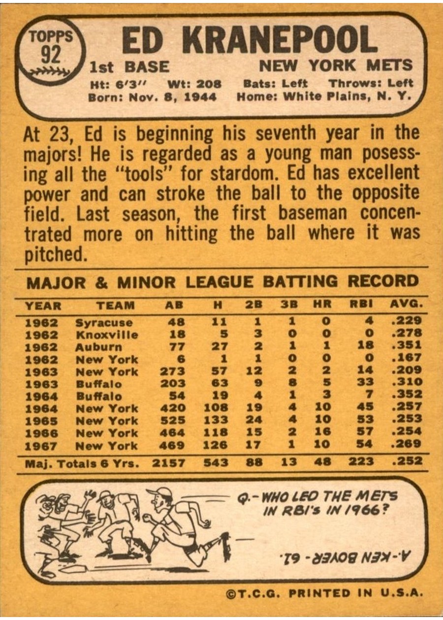 1968 Topps #92 Ed Kranepool card back