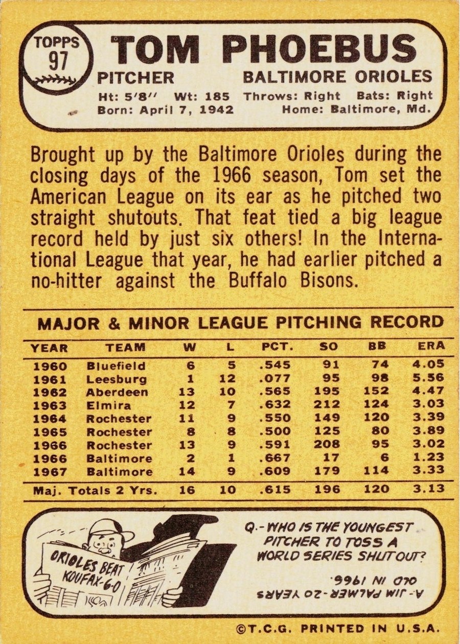 1968 Topps #97 Tom Phoebus card back