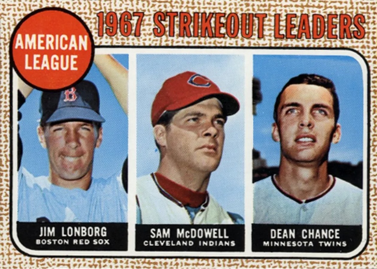 1968 Topps #12 American League 1967 Strikeout Leaders, Boston Red Sox / Cleveland Indians / Minnesota Twins