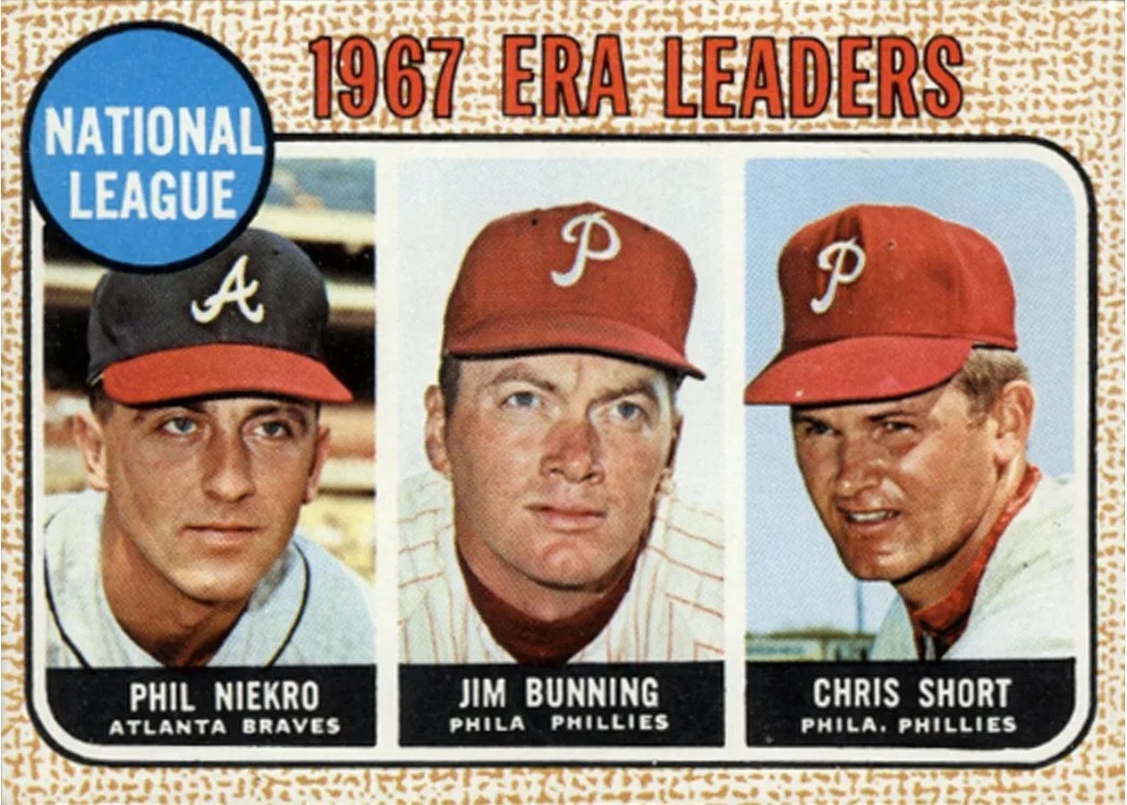 1968 Topps #7 National League 1967 ERA Leaders, Atlanta Braves / Philadelphia Phillies