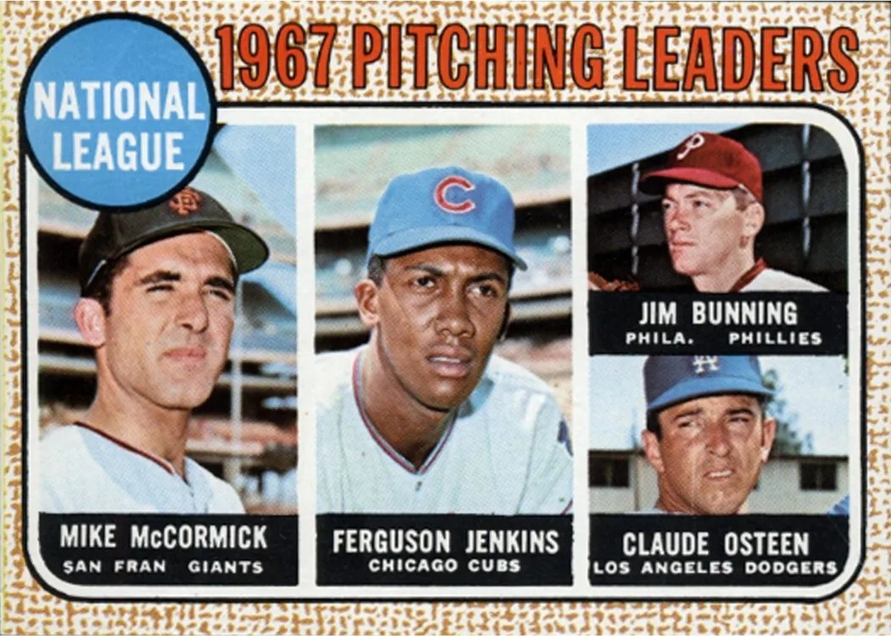 1968 Topps #9 National League 1967 Pitching Leaders, San Francisco Giants / Chicago Cubs / Philadelphia Phillies / Los Angeles Dodgers