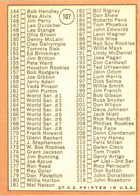 1969 Topps #107 2nd Series Check List: 110-218 - 107b - 161 Is John Purdin (back)