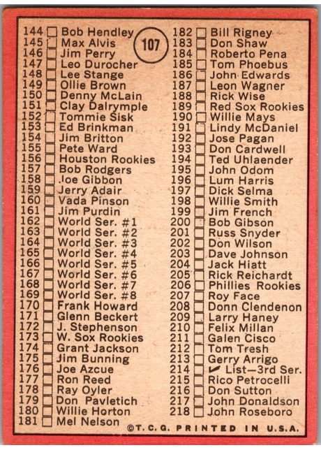 1969 Topps #107 2nd Series Check List: 110-218 - 107a - 161 Is Jim Purdin (back)