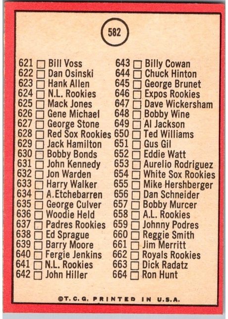 1969 Topps #582 7th Series Check List: 589-664 - 582a - White Circle On Back (back)