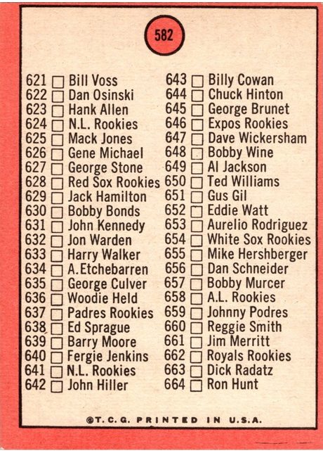 1969 Topps #582 7th Series Check List: 589-664 - 582b - Red Circle On Back (back)