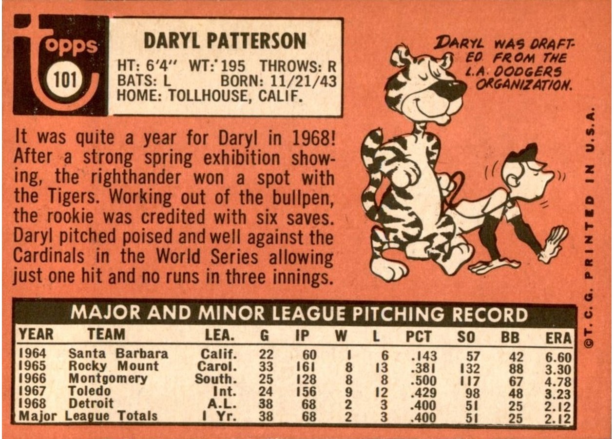 1969 Topps #101 Daryl Patterson card back
