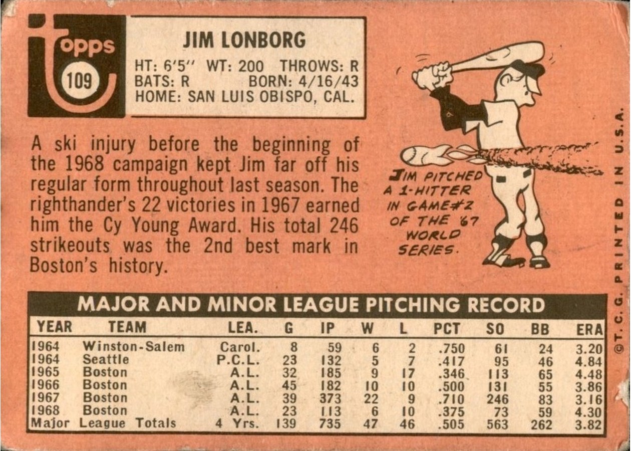 1969 Topps #109 Jim Lonborg card back