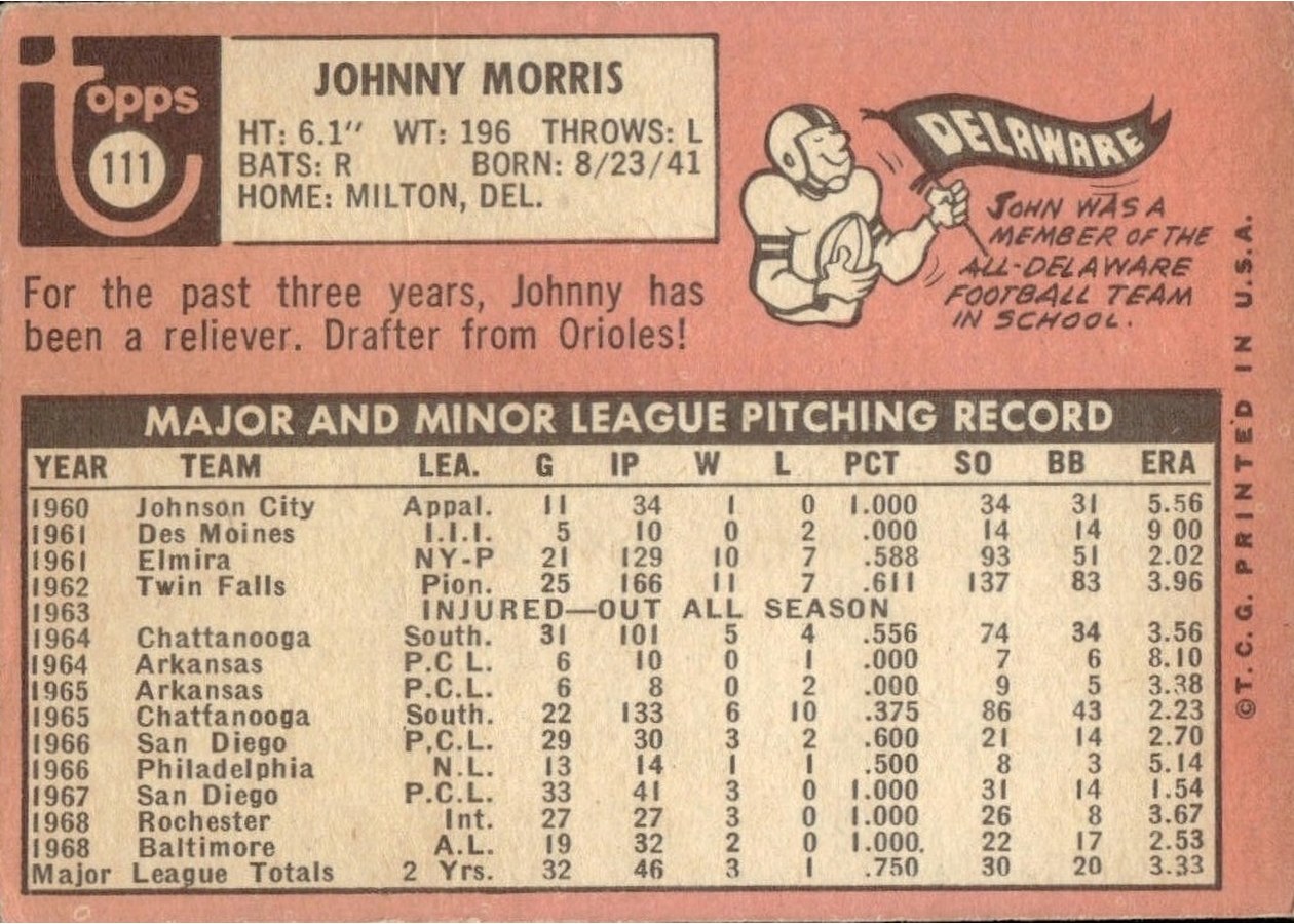 1969 Topps #111 Johnny Morris card back