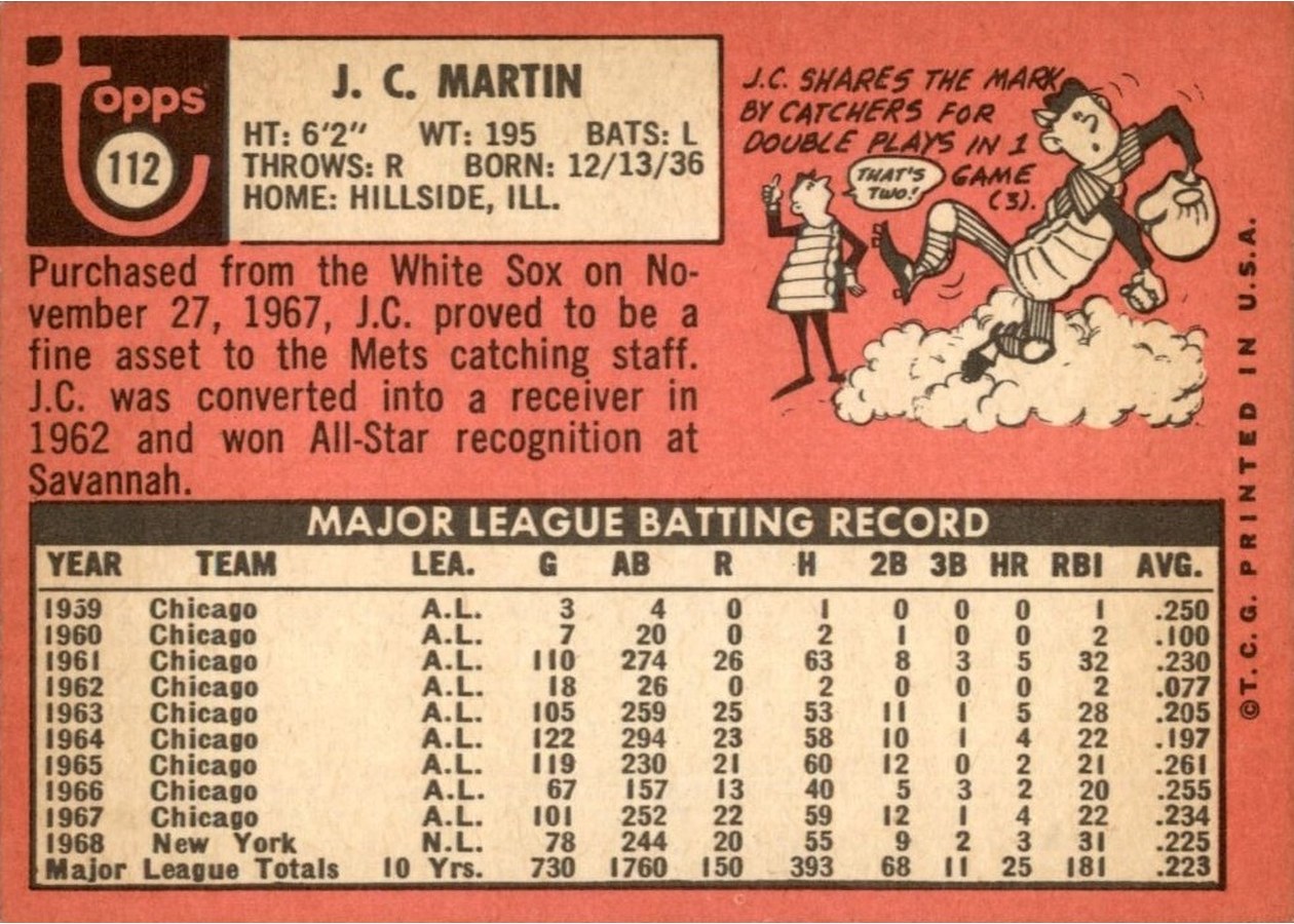 1969 Topps #112 J.C. Martin card back
