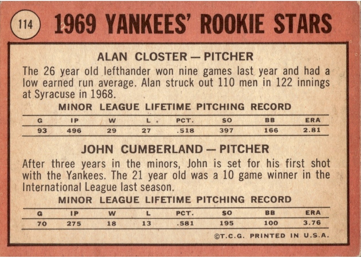 1969 Topps #114 Yankees 1969 Rookie Stars card back