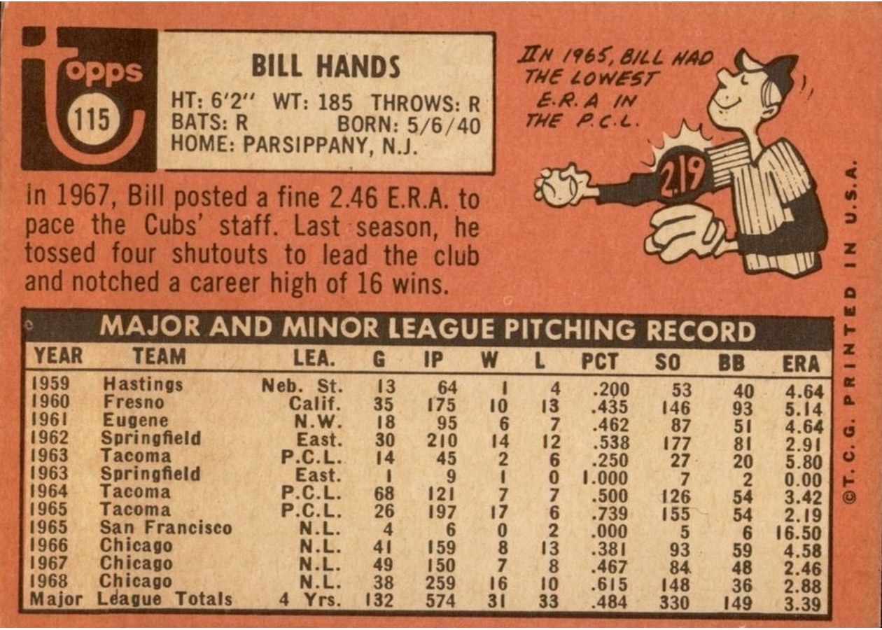 1969 Topps #115 Bill Hands card back