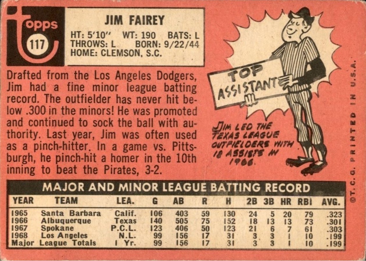 1969 Topps #117 Jim Fairey card back