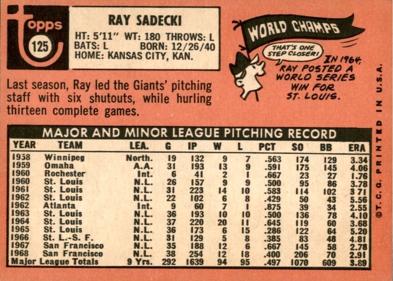 1969 Topps #125 Ray Sadecki card back