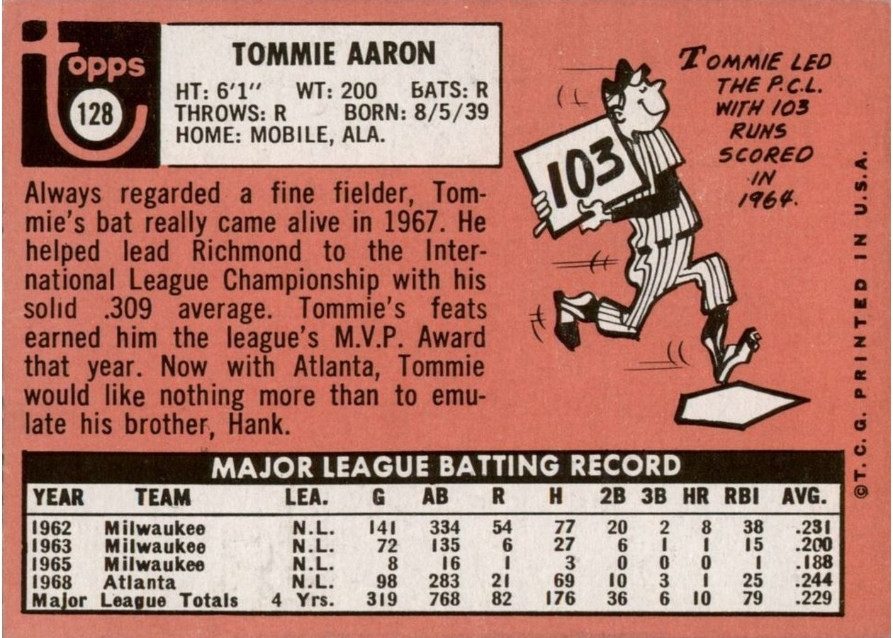 1969 Topps #128 Tommie Aaron card back