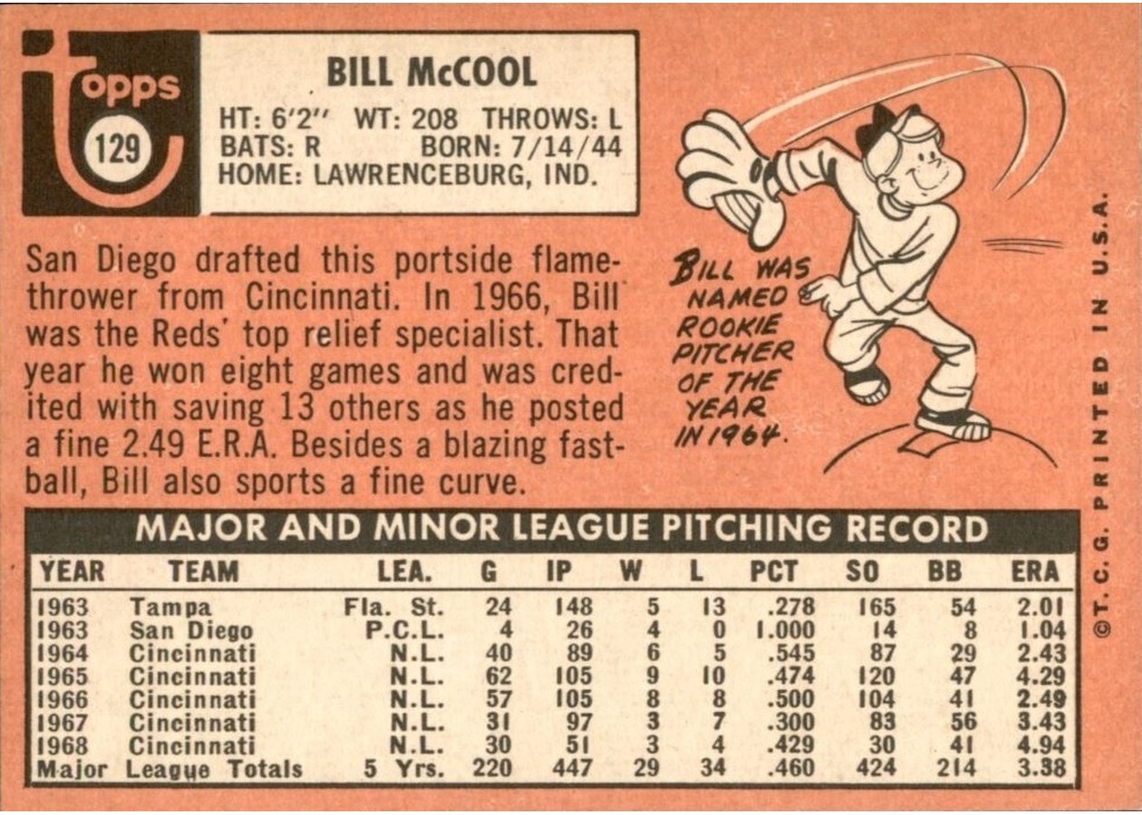 1969 Topps #129 Bill McCool card back