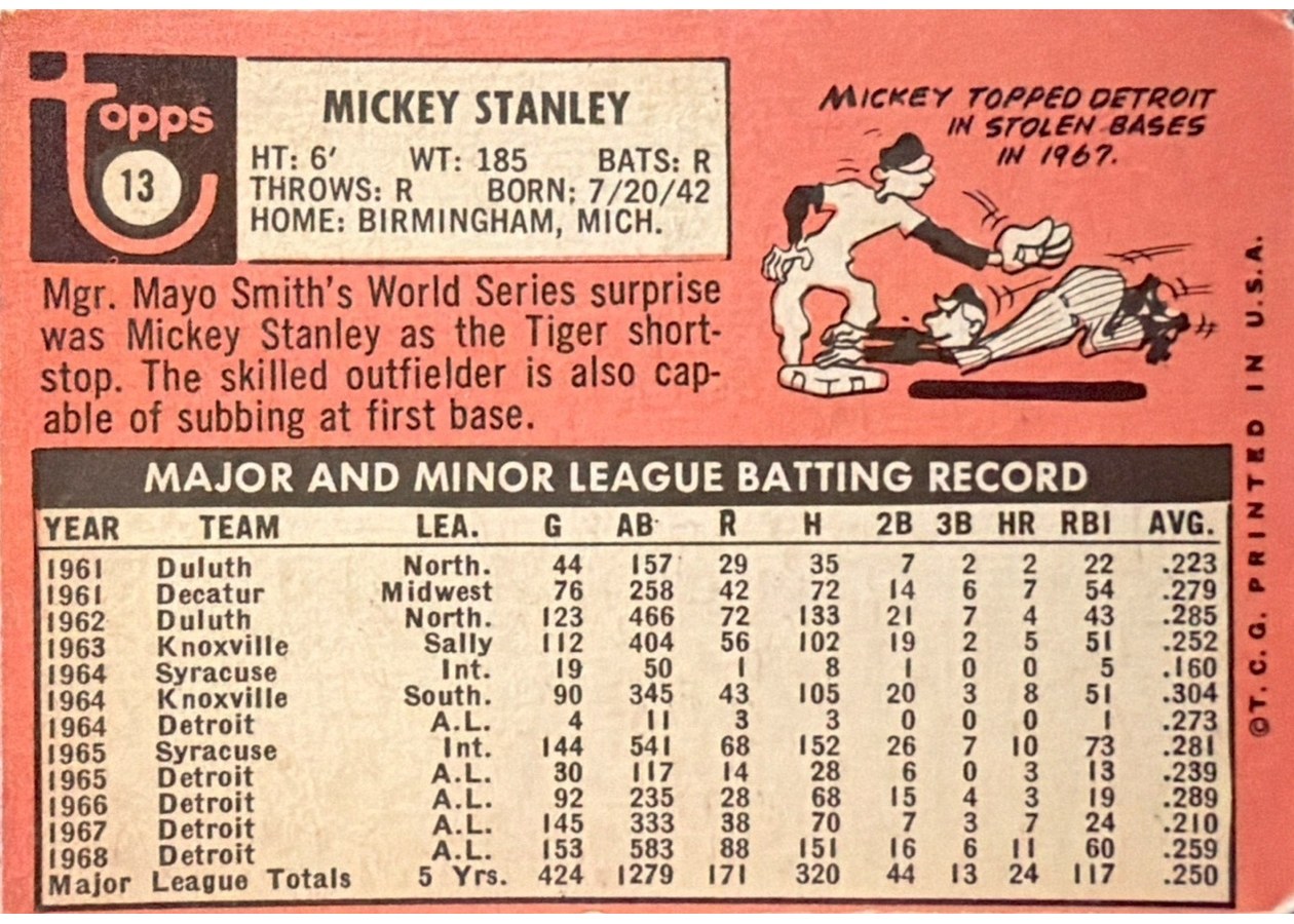 1969 Topps #13 Mickey Stanley card back