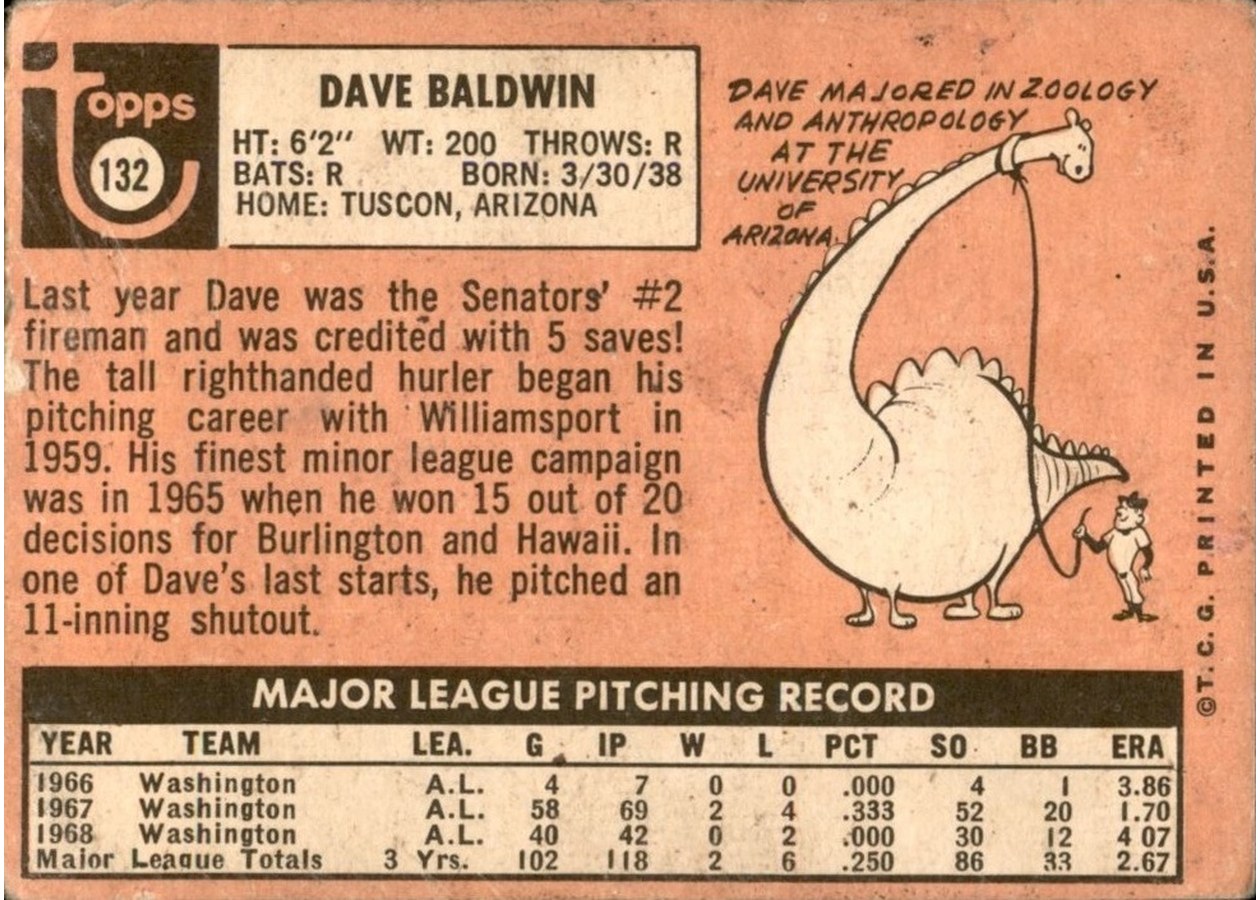 1969 Topps #132 Dave Baldwin card back