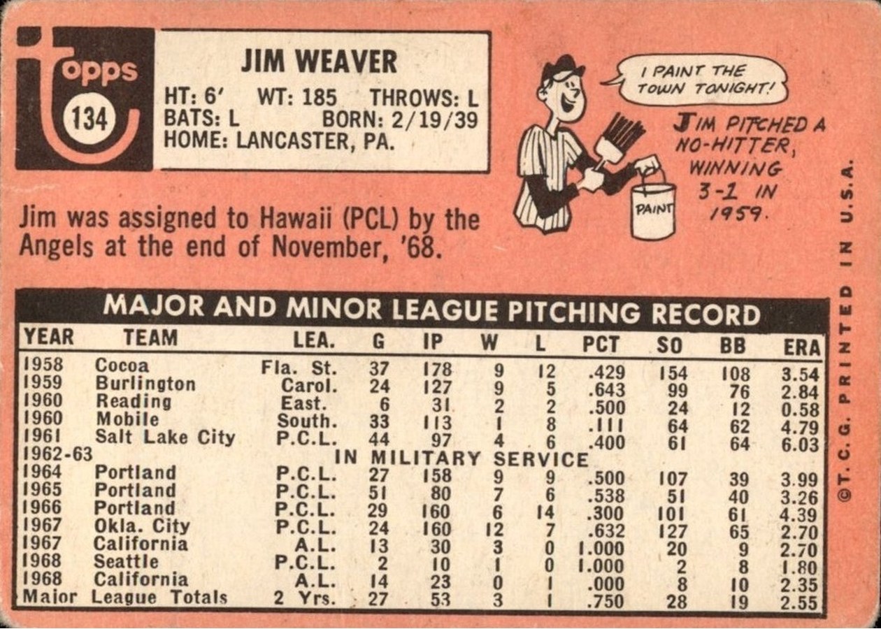 1969 Topps #134 Jim Weaver card back