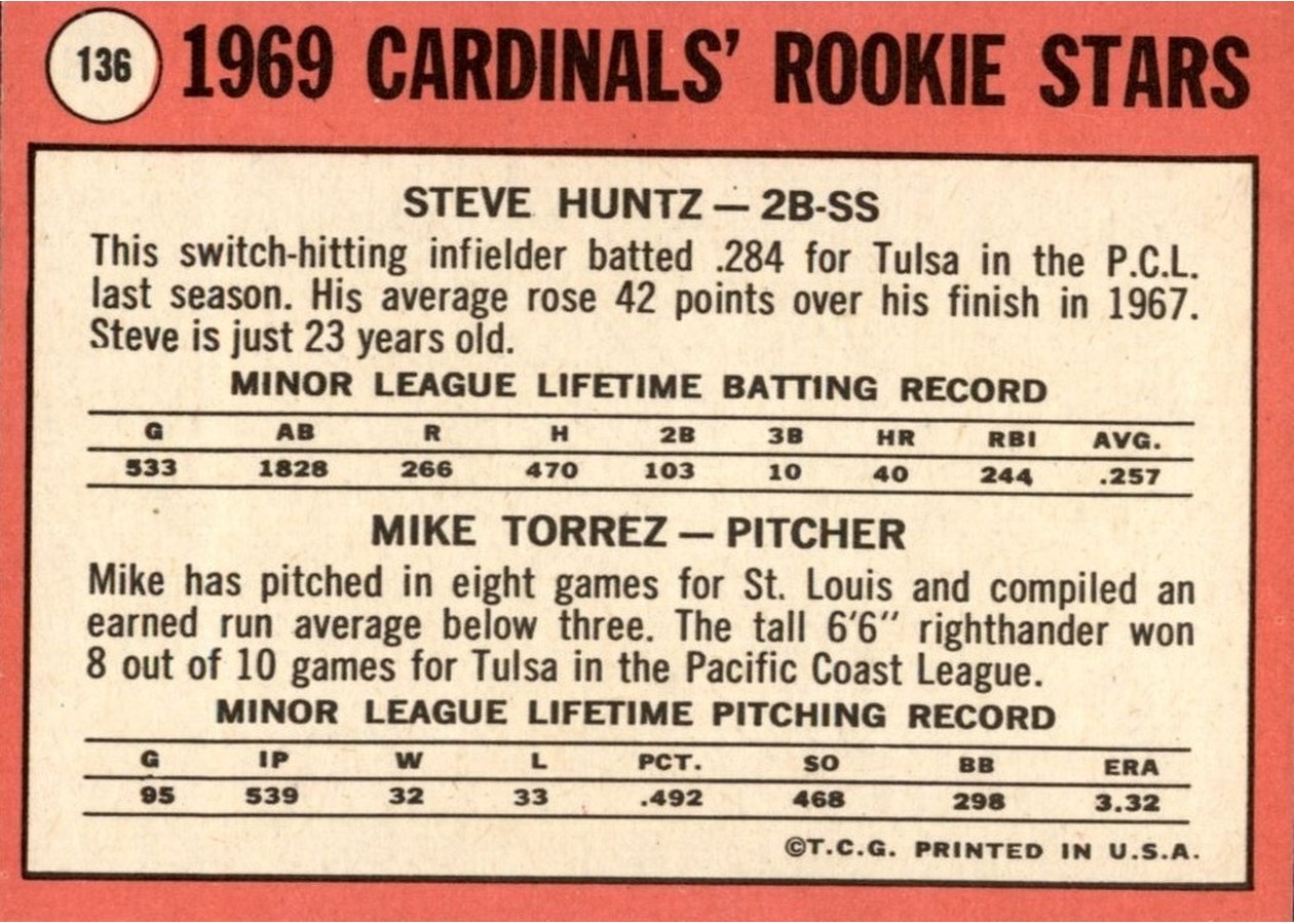 1969 Topps #136 Cardinals 1969 Rookie Stars card back