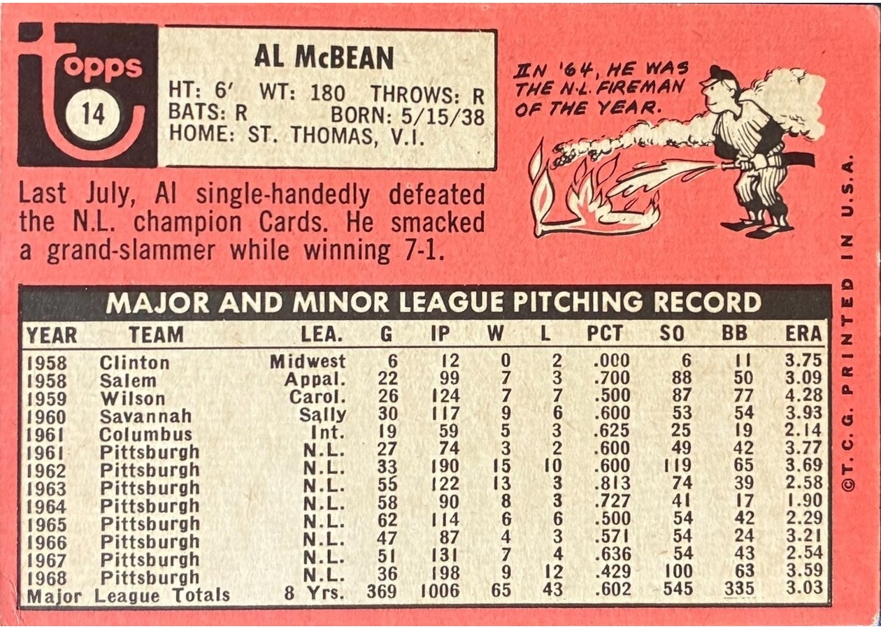 1969 Topps #14 Al McBean card back