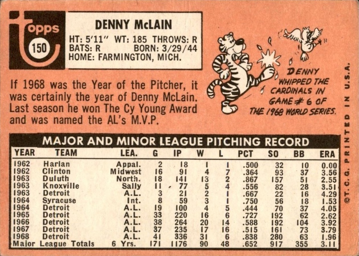 1969 Topps #150 Denny McLain card back