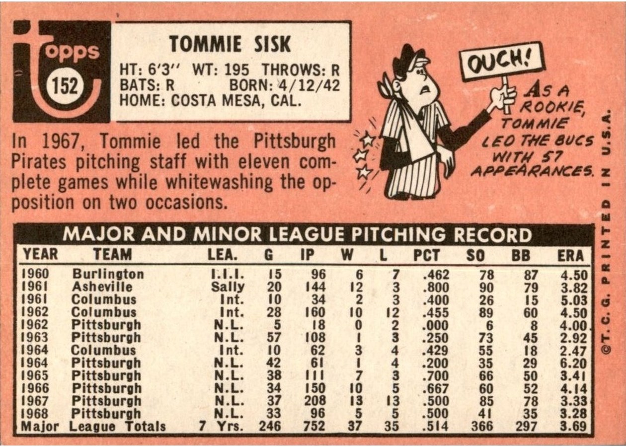 1969 Topps #152 Tommie Sisk card back