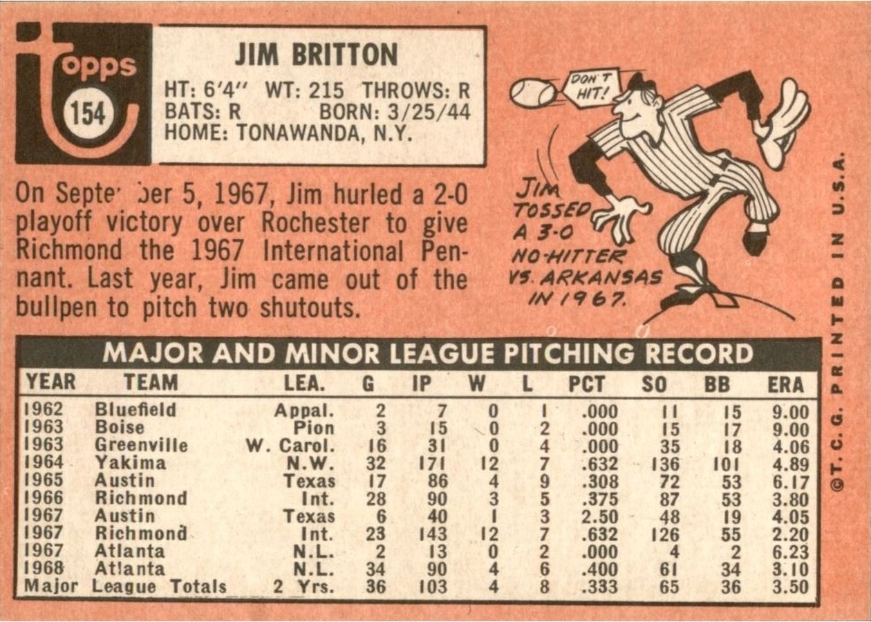 1969 Topps #154 Jim Britton card back