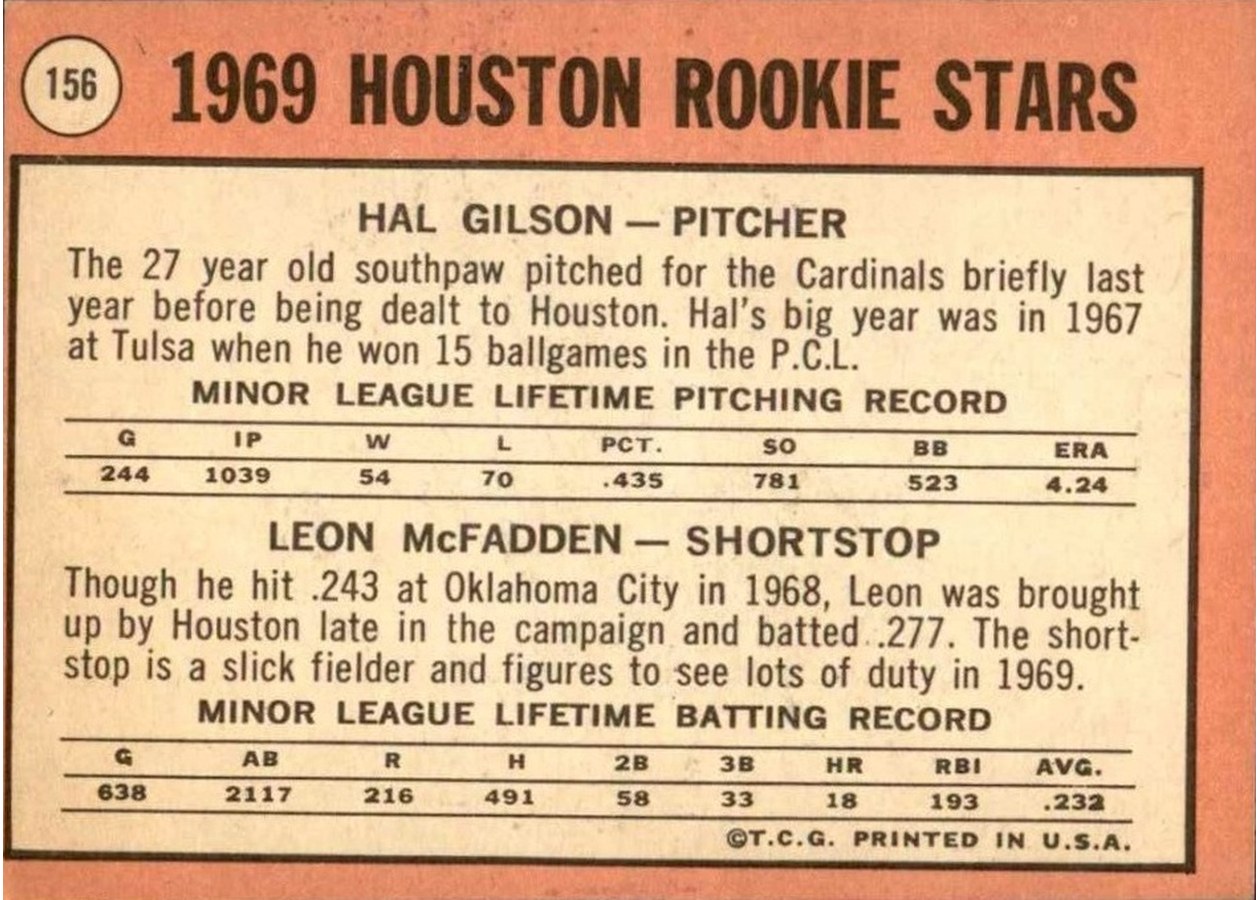 1969 Topps #156 Astros 1969 Rookie Stars card back