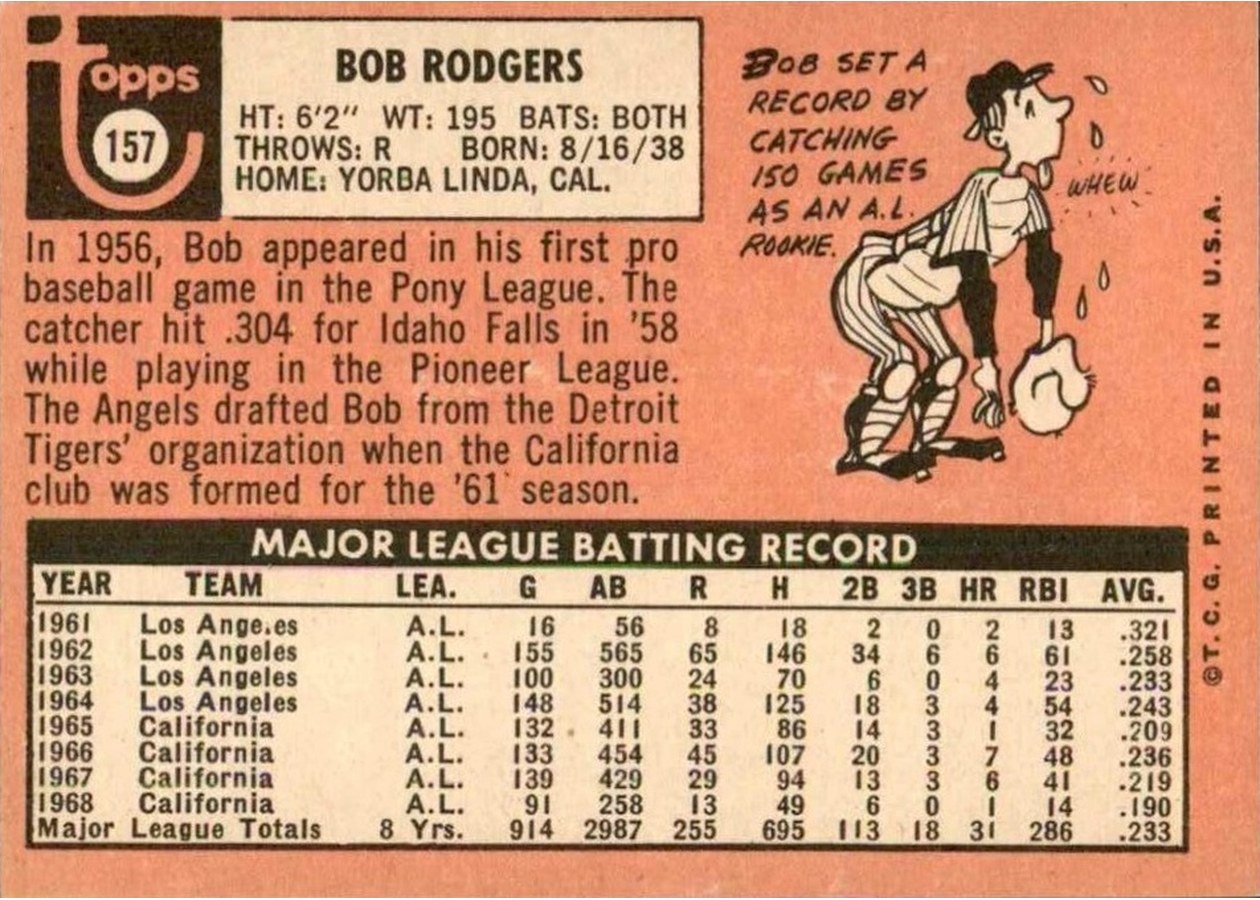 1969 Topps #157 Bob Rodgers card back
