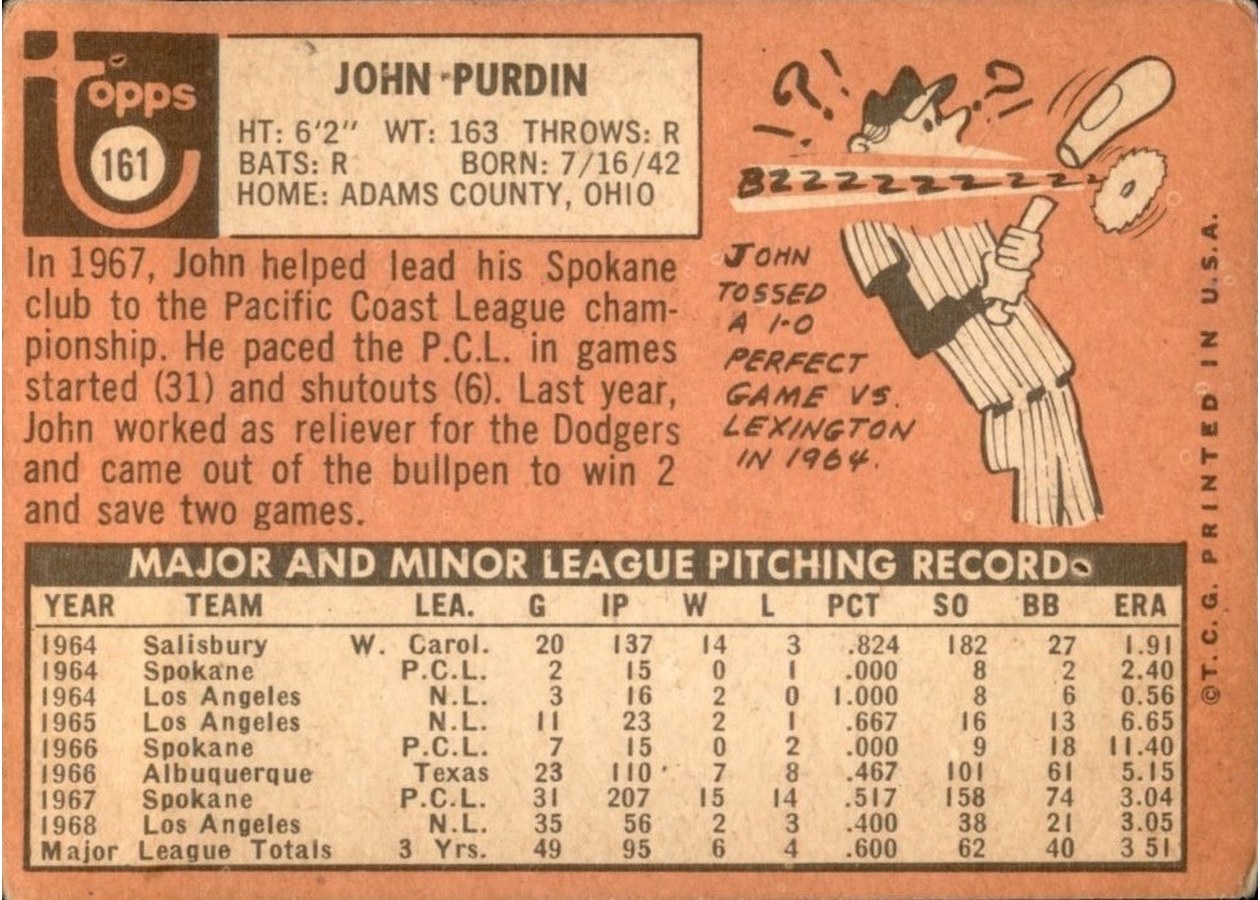1969 Topps #161 John Purdin card back