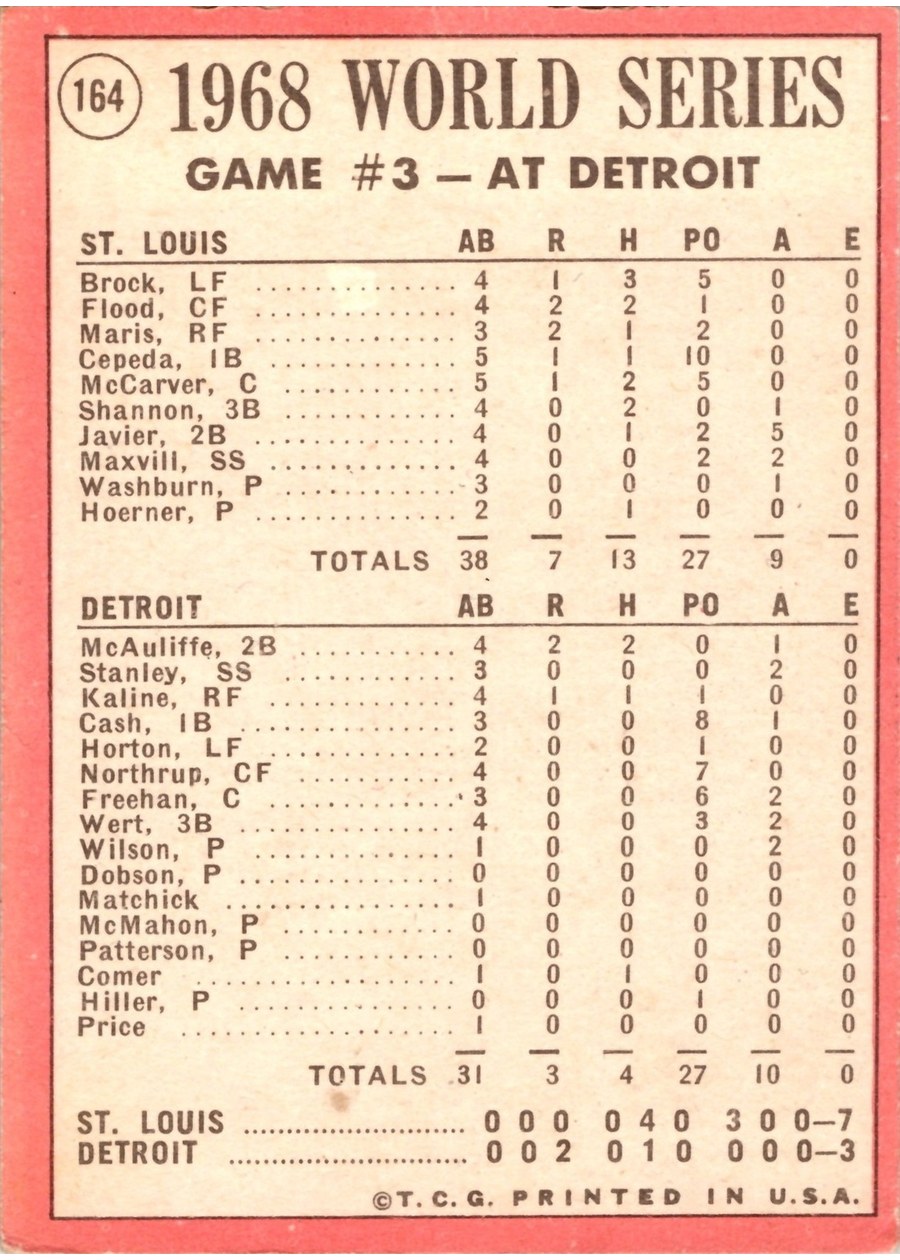 1969 Topps #164 World Series Game #3 - McCarver's Homer Puts St. Louis Ahead card back
